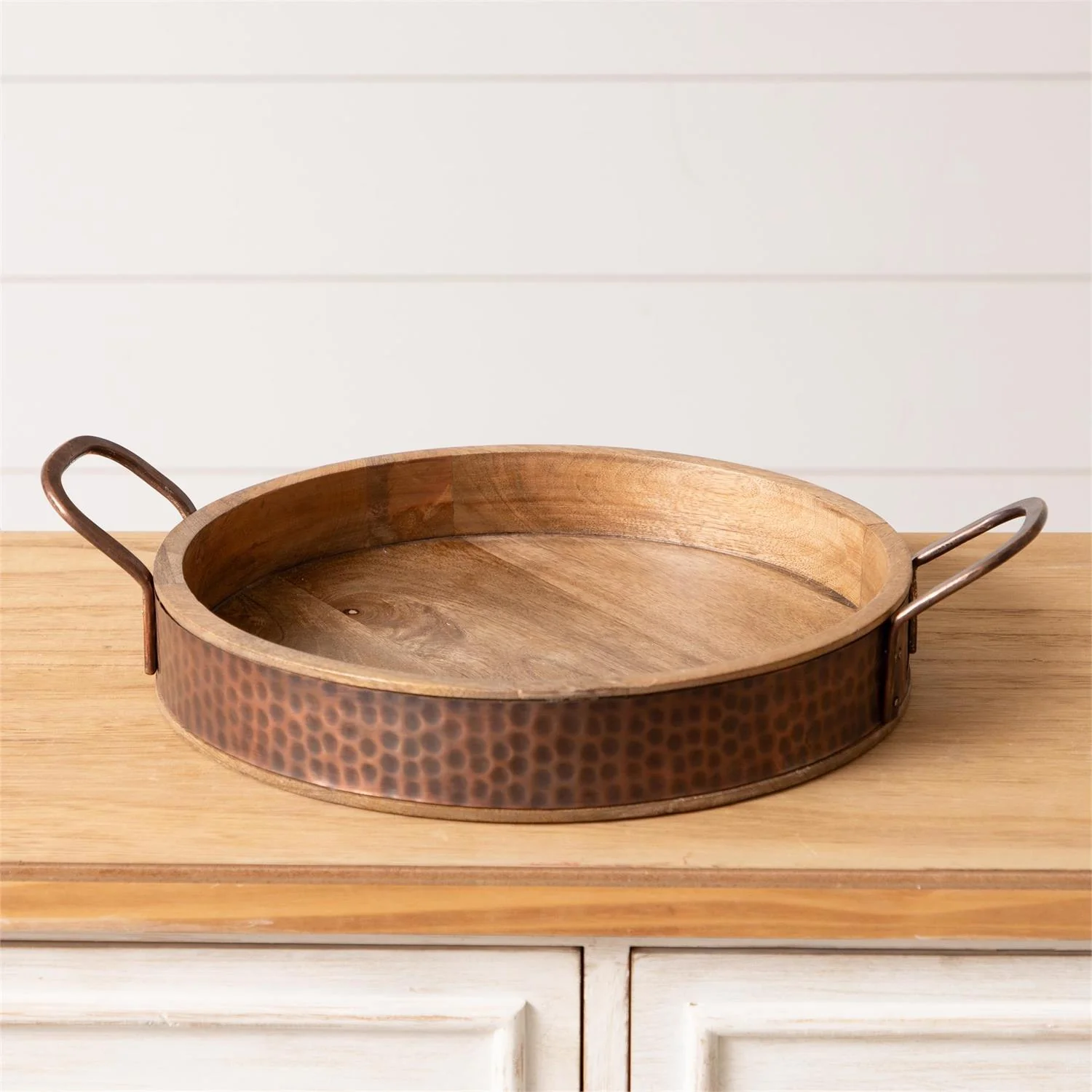 Round Wood With Dimpled Coppertone Metal Tray