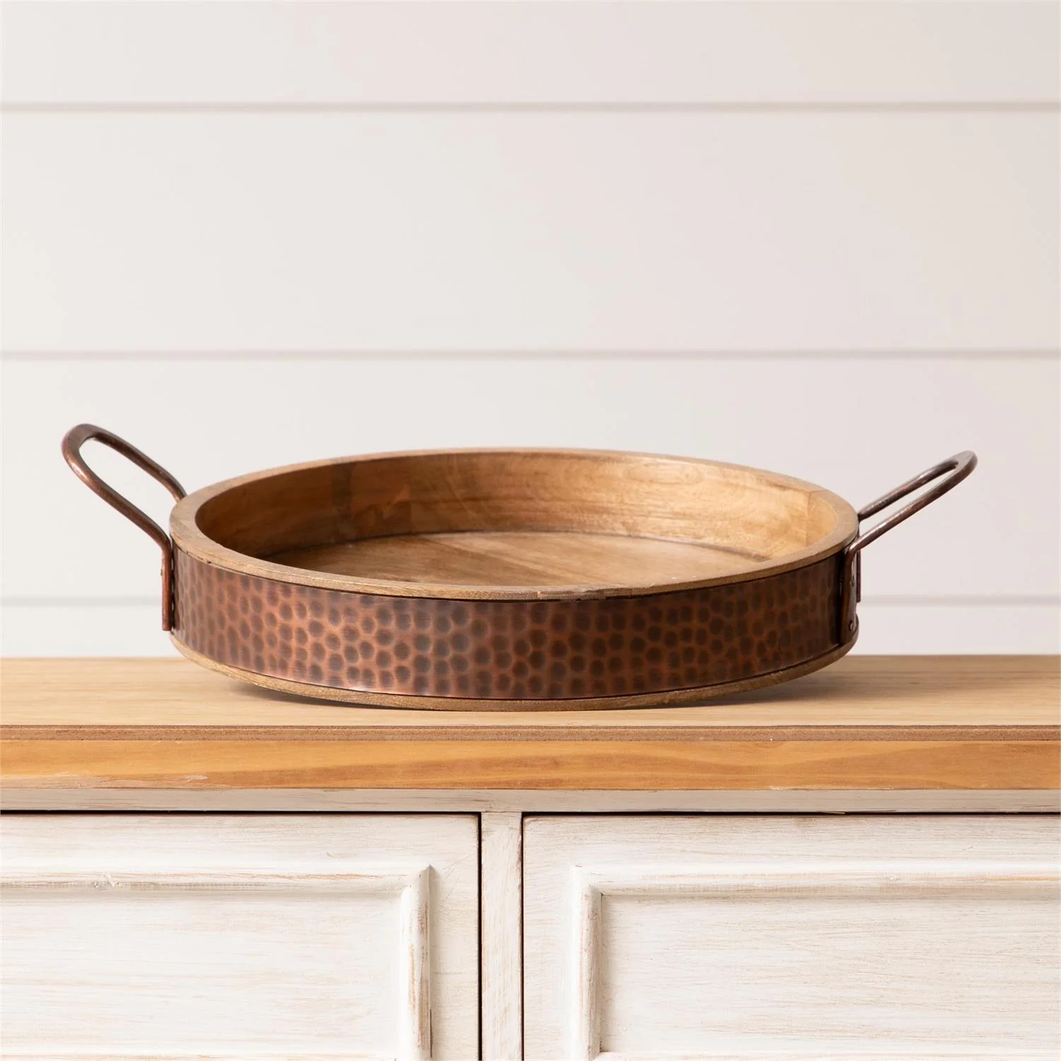 Round Wood With Dimpled Coppertone Metal Tray - Image 3