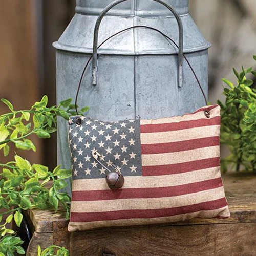 Rustic Flag Pillow Ornament with Jingle Bell - Image 2