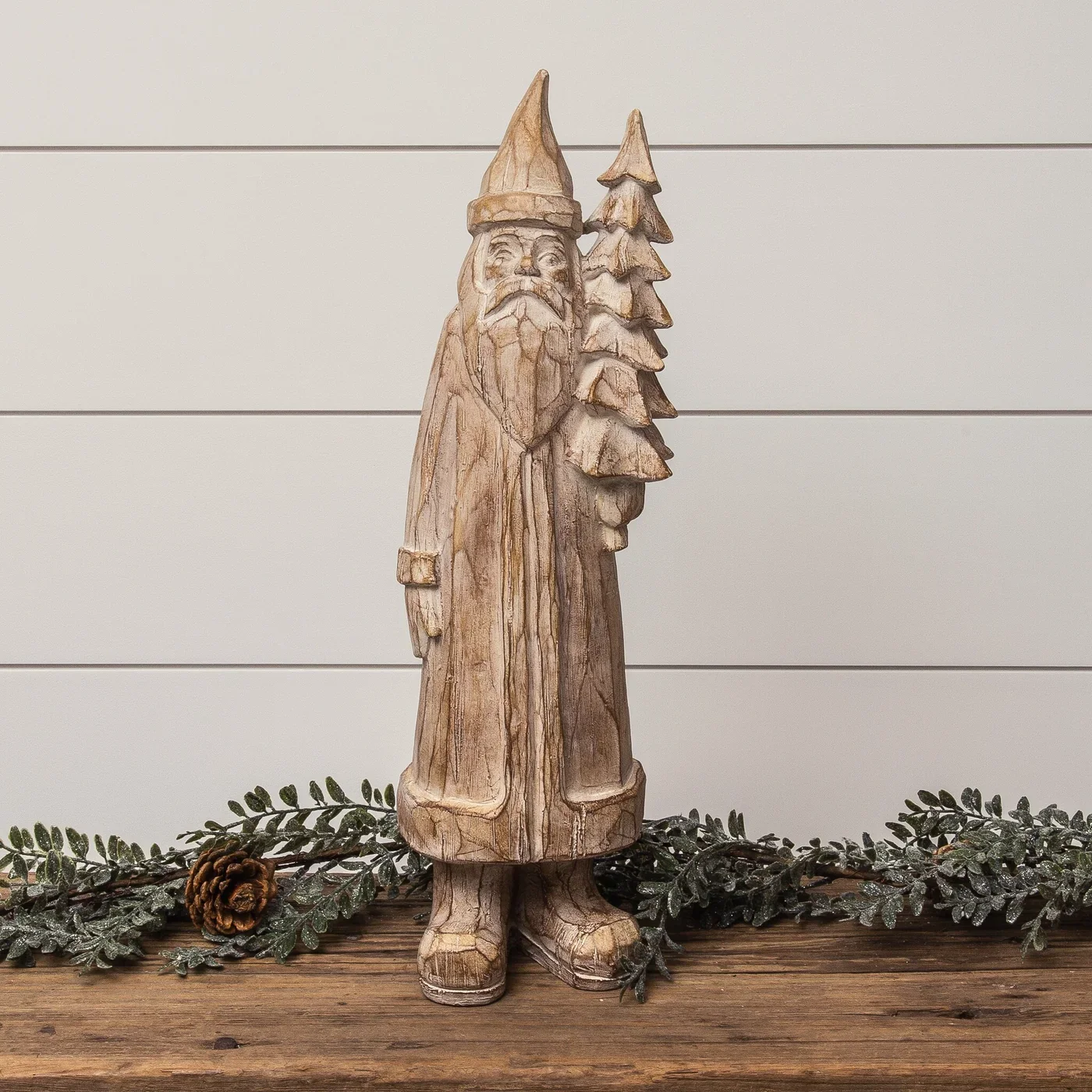 Rustic Santa Holding Tree Resin Figurine 20" H