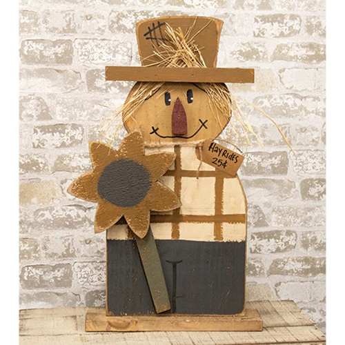Rustic Scarecrow with Sunflower on Base 25" Wooden Decor - Image 2