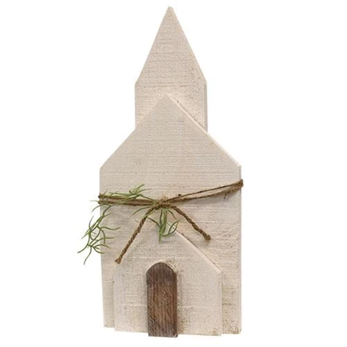 Rustic White Wooden Layered Church with Greenery 16" H
