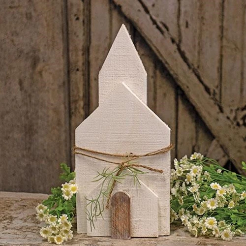 Rustic White Wooden Layered Church with Greenery 16" H - Image 2