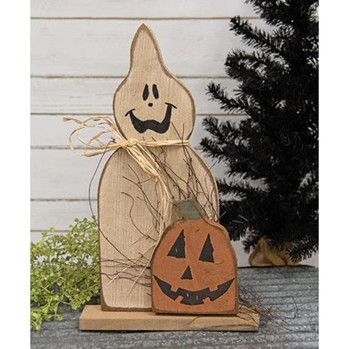 Rustic Wood Ghost with Jack O Lantern on Base 18.5" H - Image 2