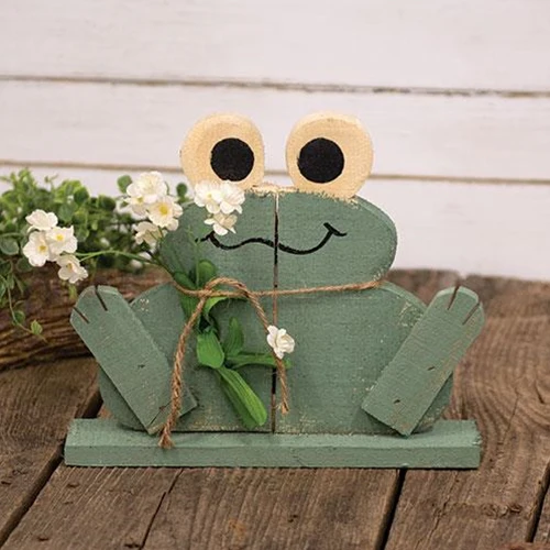 Rustic Wood Happy Frog on Base w/Flowers - Image 2