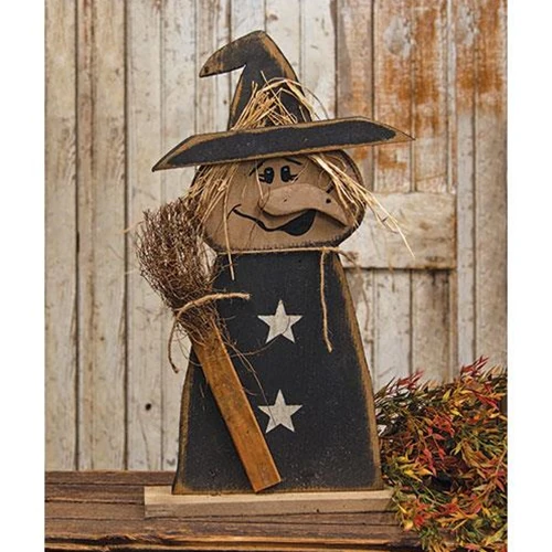 Rustic Wood Witch with Broom on Base 24" H - Image 2
