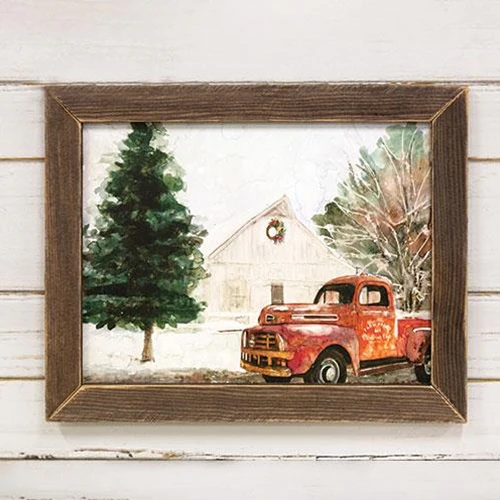 Rusty Red Truck and Barn Christmas Framed Print 12" x 16"