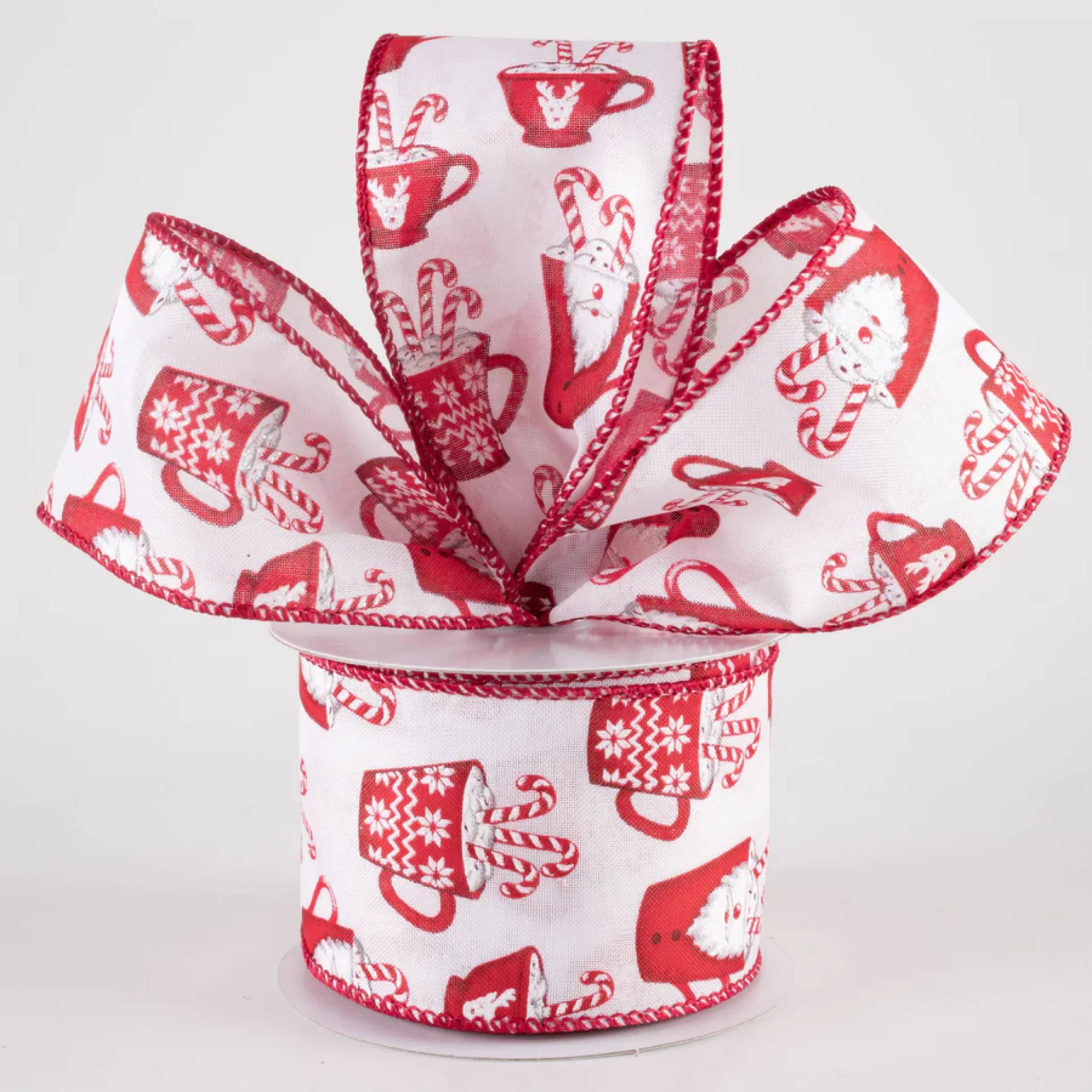 Santa Mug Hot Cocoa White Ribbon 2.5" x 10 yards