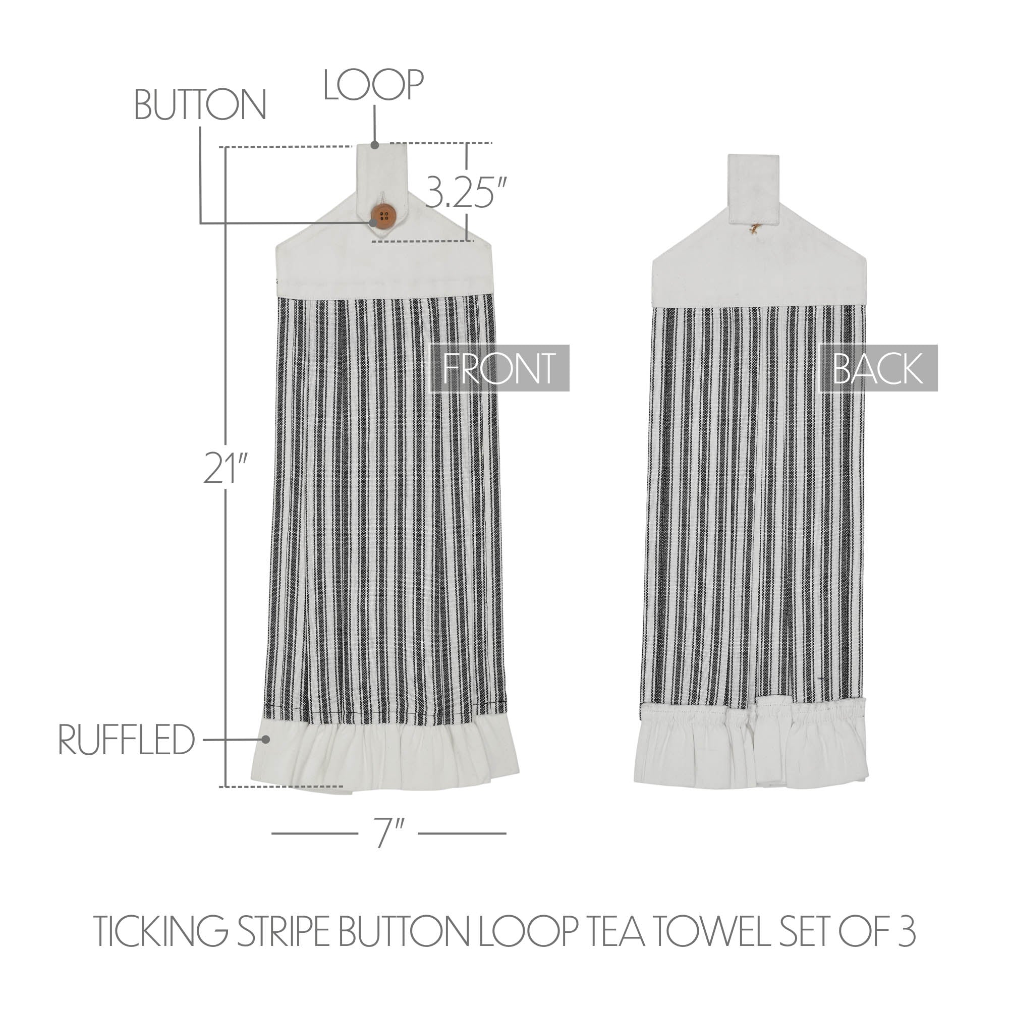 Sawyer Mill Black Ticking Stripe Button Loop Tea Towel Set of 3 - Image 2