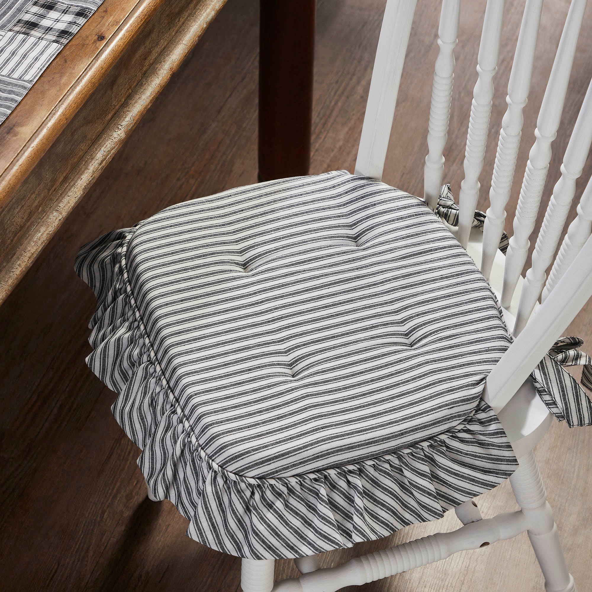 Sawyer Mill Black Ticking Stripe Ruffled Chair Pad 16.5" x 18"