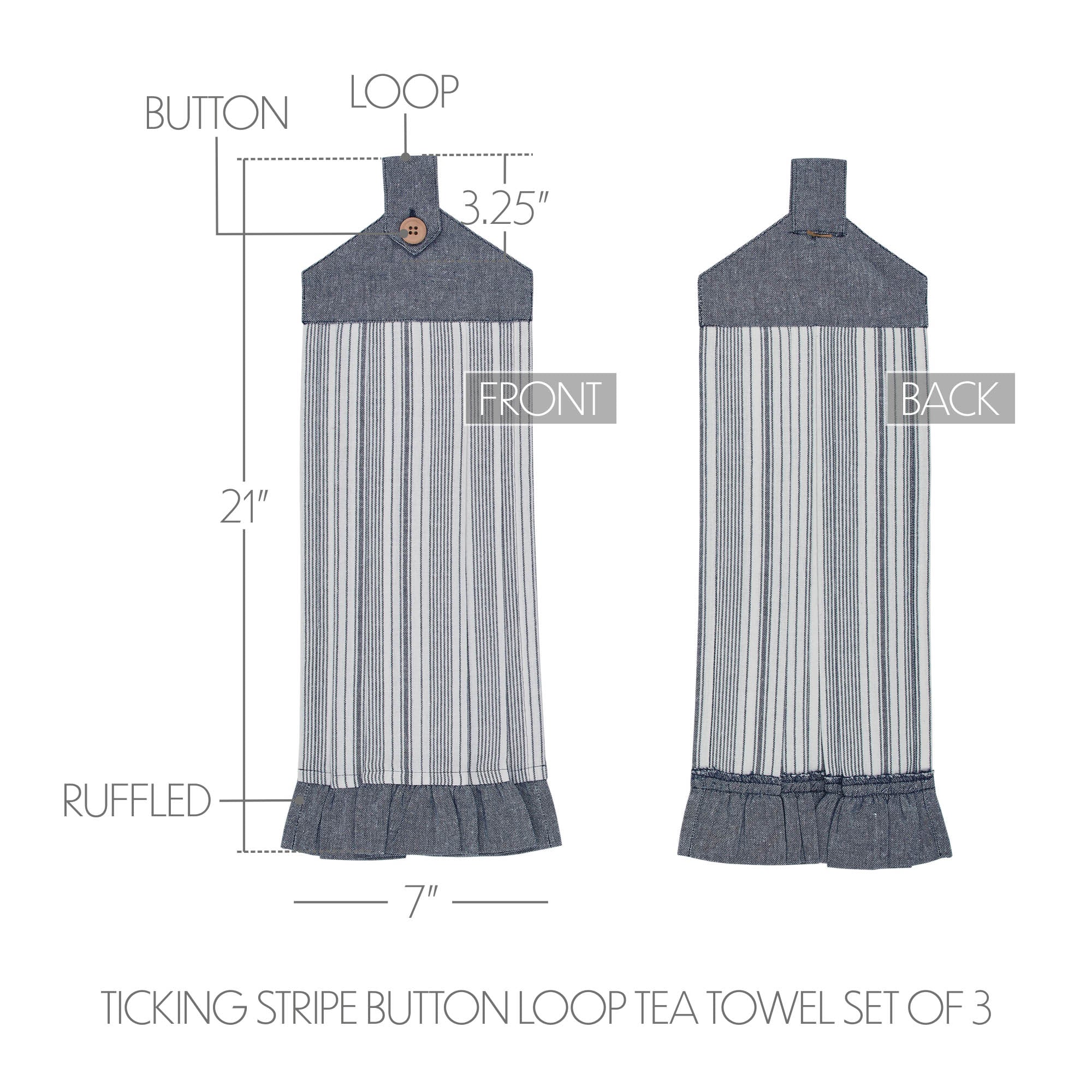 Sawyer Mill Blue Ticking Stripe Button Loop Tea Towel Set of 3 - Image 2