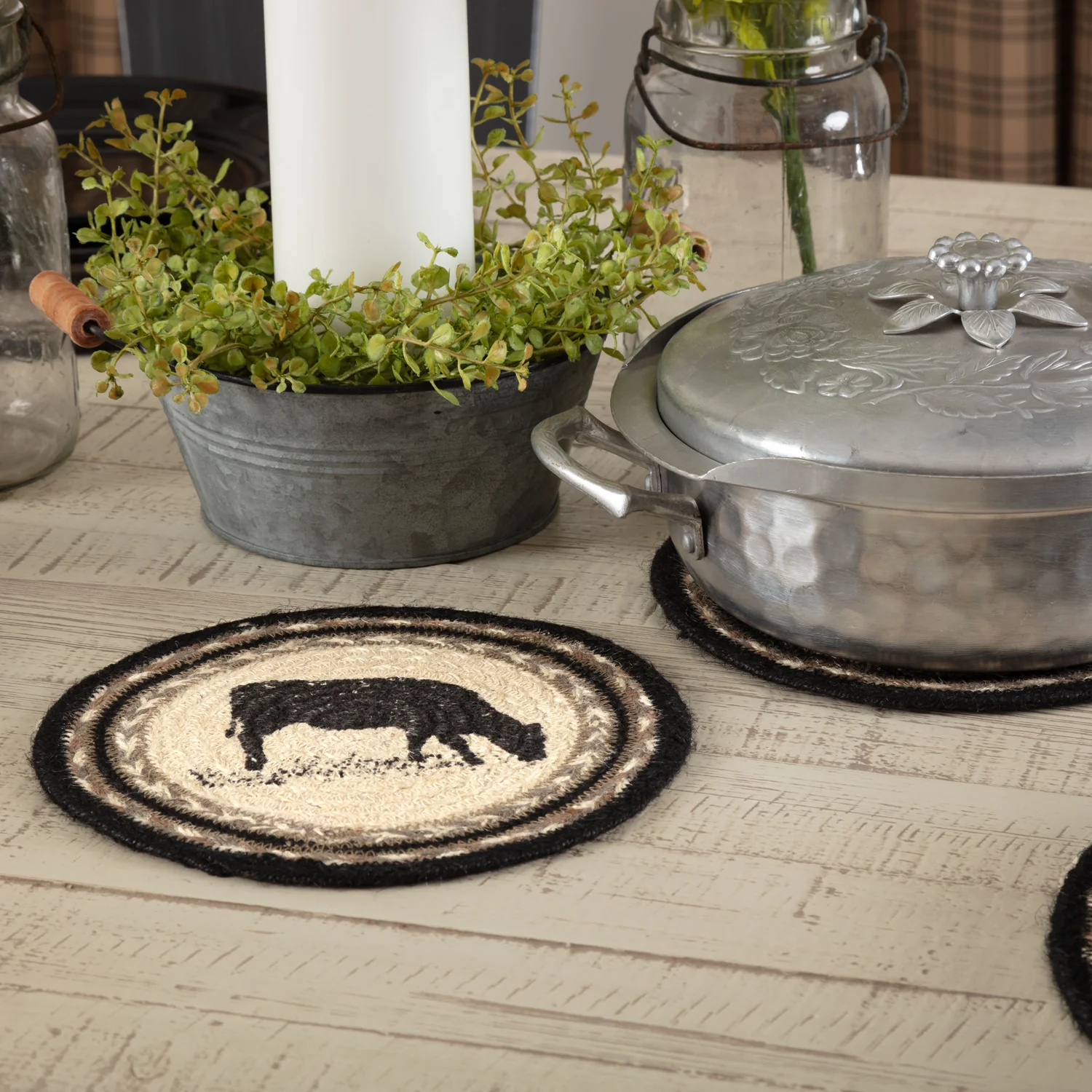 Sawyer Mill Charcoal Cow Jute 8" Trivet