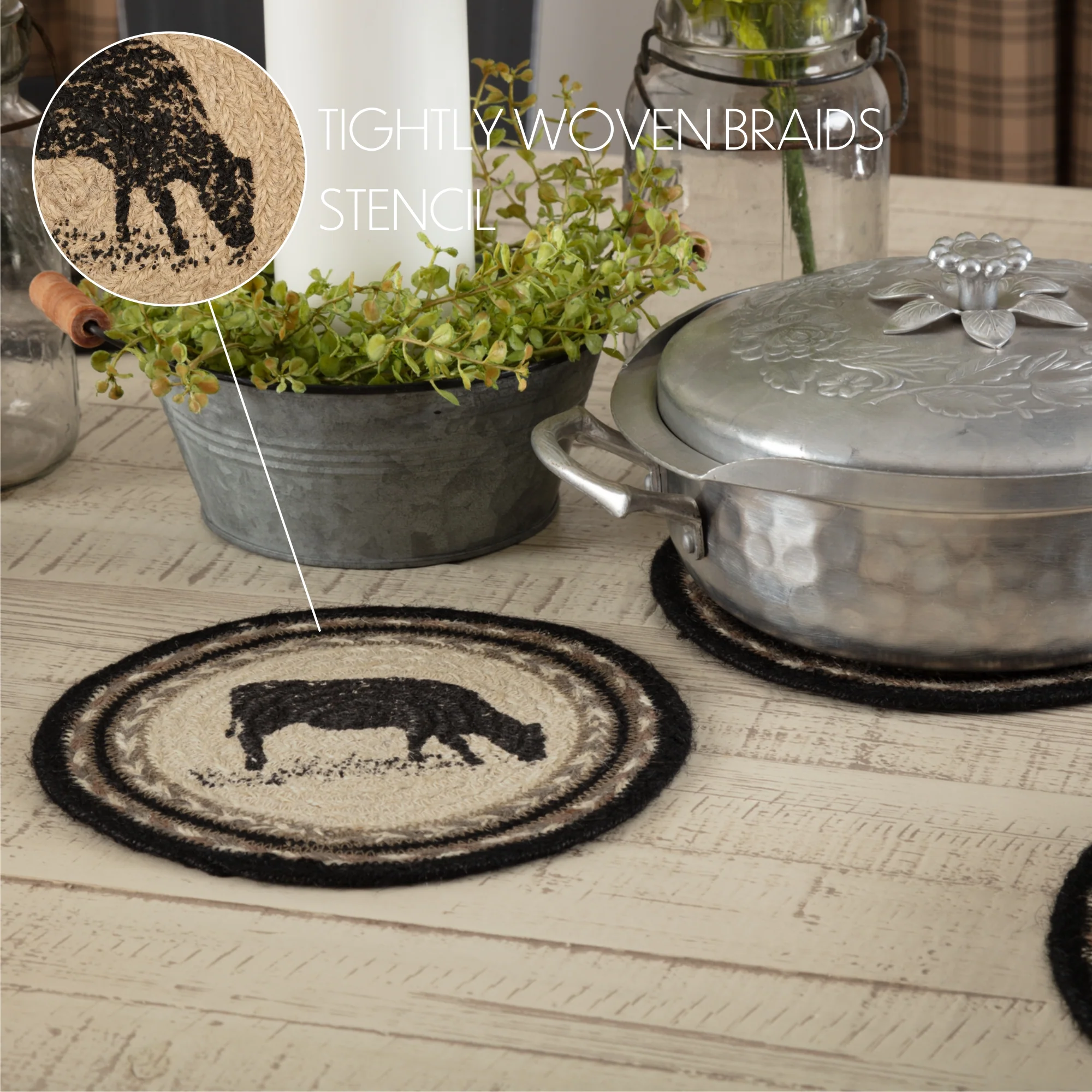Sawyer Mill Charcoal Cow Jute 8" Trivet - Image 6