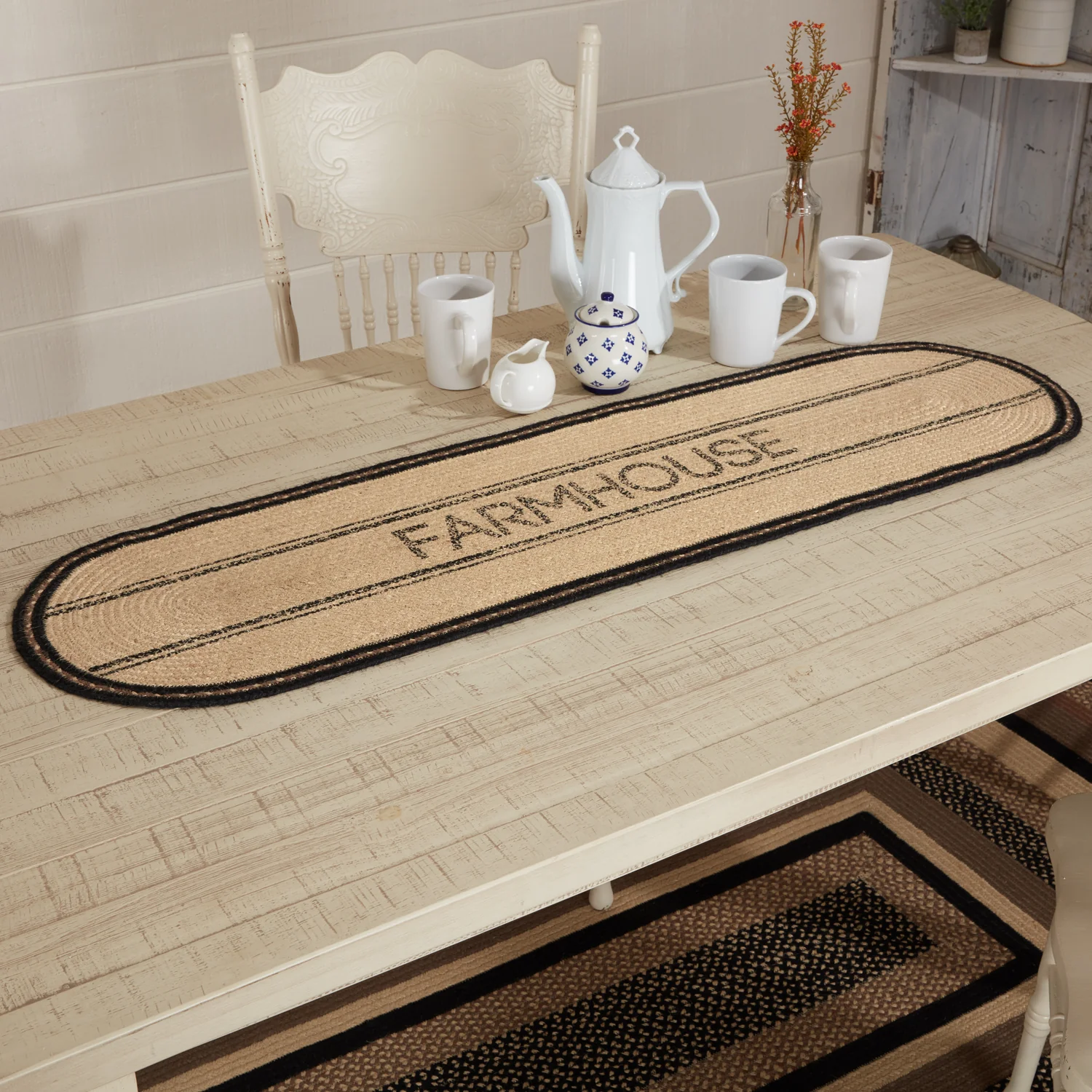 Sawyer Mill Charcoal Creme Farmhouse Jute Table Runner 13" x 48"