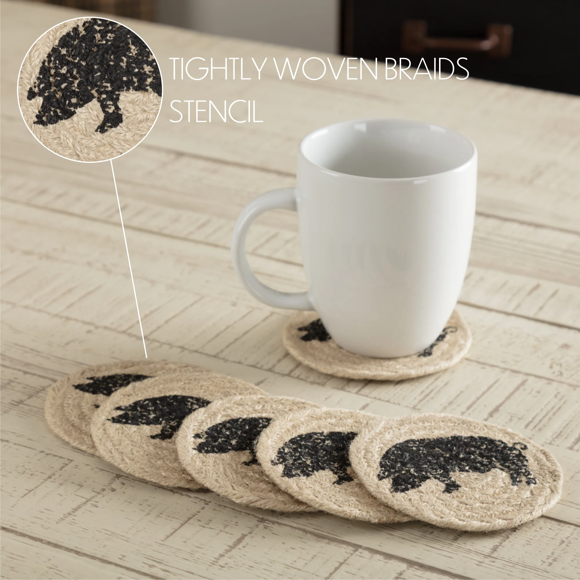 Sawyer Mill Charcoal Pig Jute Coaster Set of 6 - Image 4