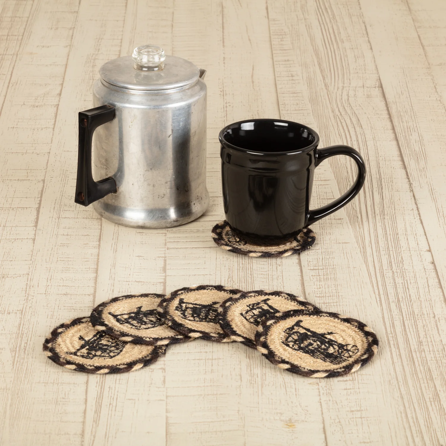 ๐ Sawyer Mill Charcoal Plow Jute Coaster Set of 6