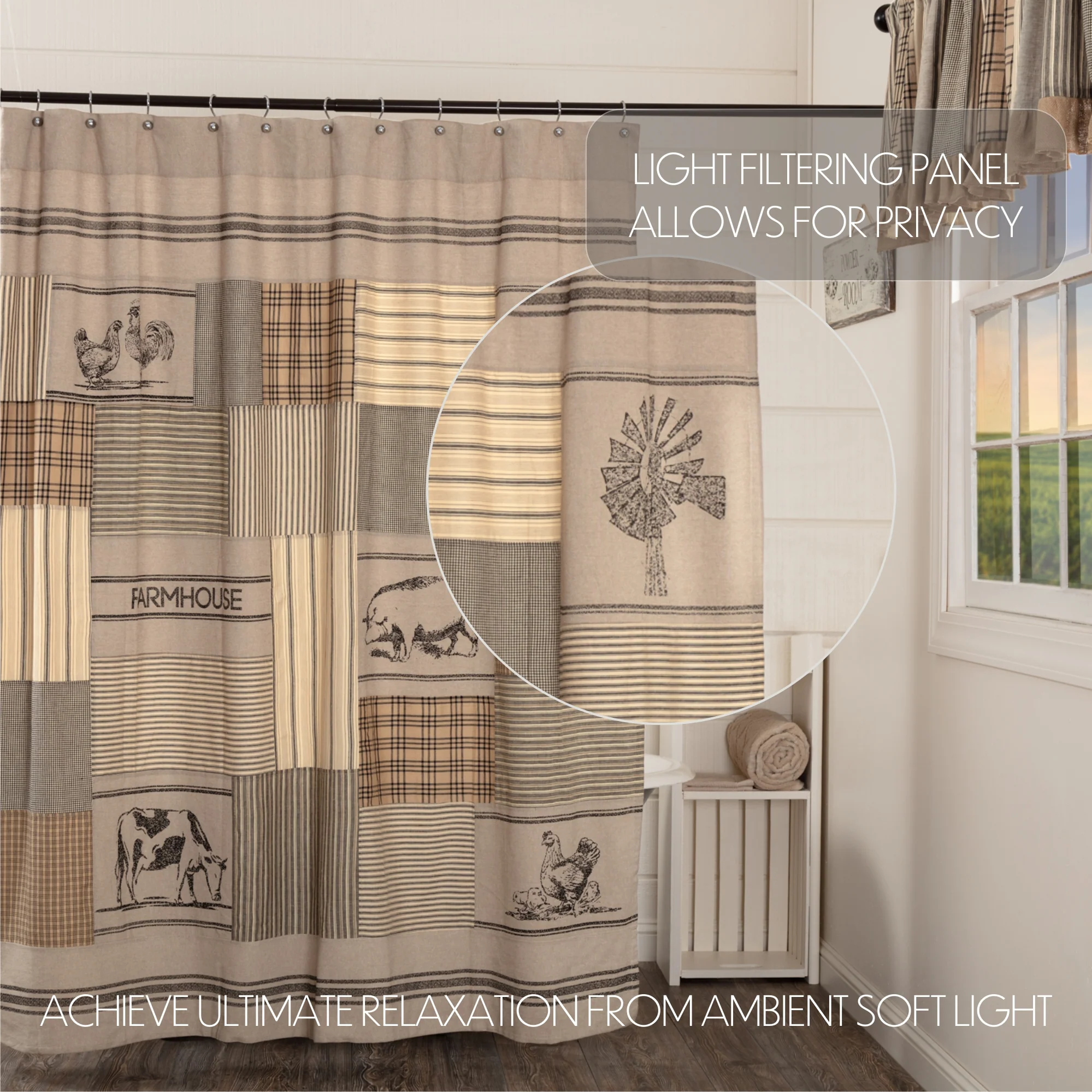 Sawyer Mill Charcoal Stenciled Patchwork Farm Animals Shower Curtain - Image 4