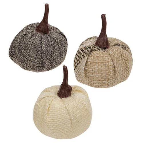 Set of 12 Cream & Gray Burlap 1.5" Decorative Pumpkins