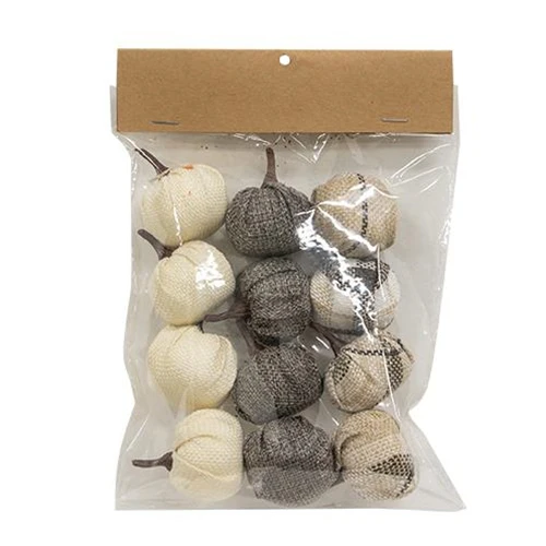 Set of 12 Cream & Gray Burlap 1.5" Decorative Pumpkins - Image 2