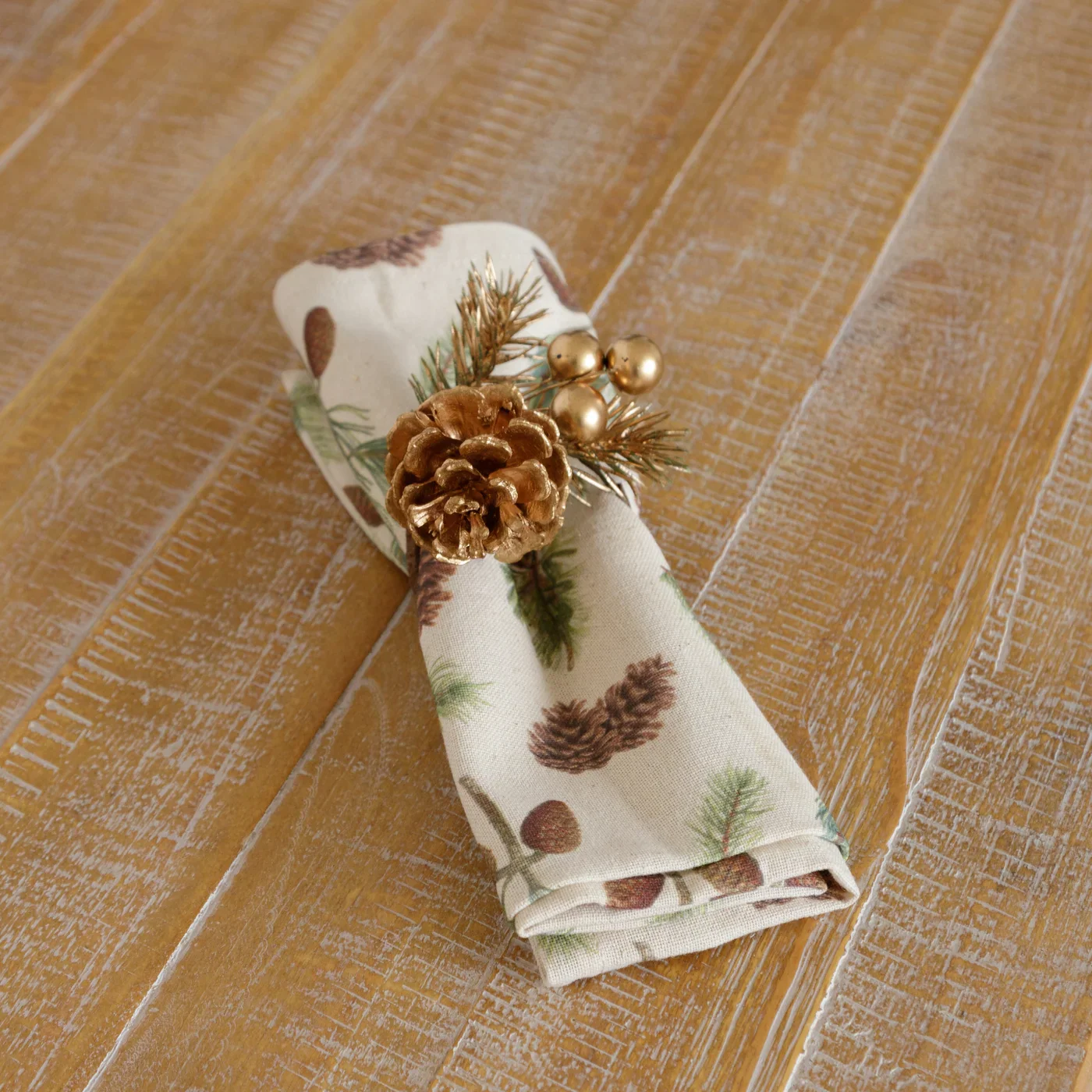 Set of 12 Napkin Rings Golden Pinecone And Berries