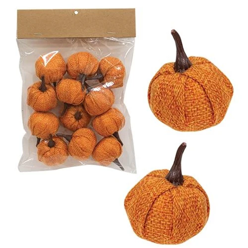 💙 Set of 12 Orange Burlap 1.5" Decorative Pumpkins