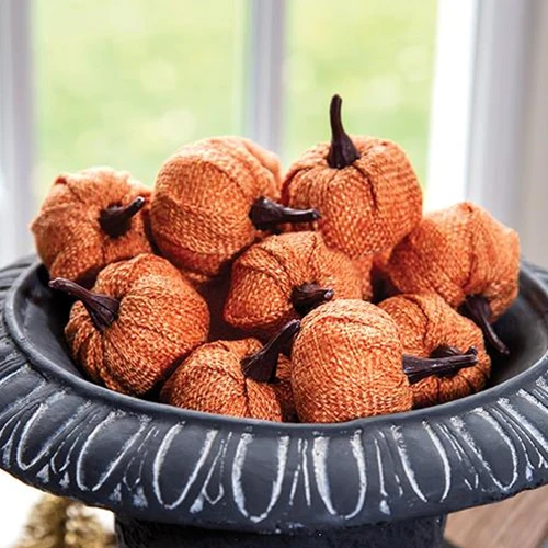 💙 Set of 12 Orange Burlap 1.5" Decorative Pumpkins - Image 2