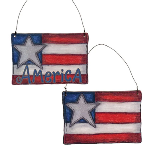 Set of 2 America Flag Doodle Wooden Ornaments