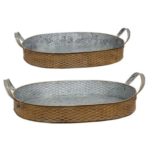 Set of 2 Basket Weave Embossed Metal Oval Trays
