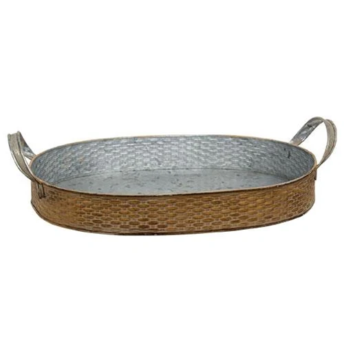 Set of 2 Basket Weave Embossed Metal Oval Trays - Image 2