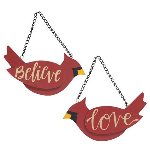 ๐ Set of 2 Believe & Love Wooden Cardinal Ornaments