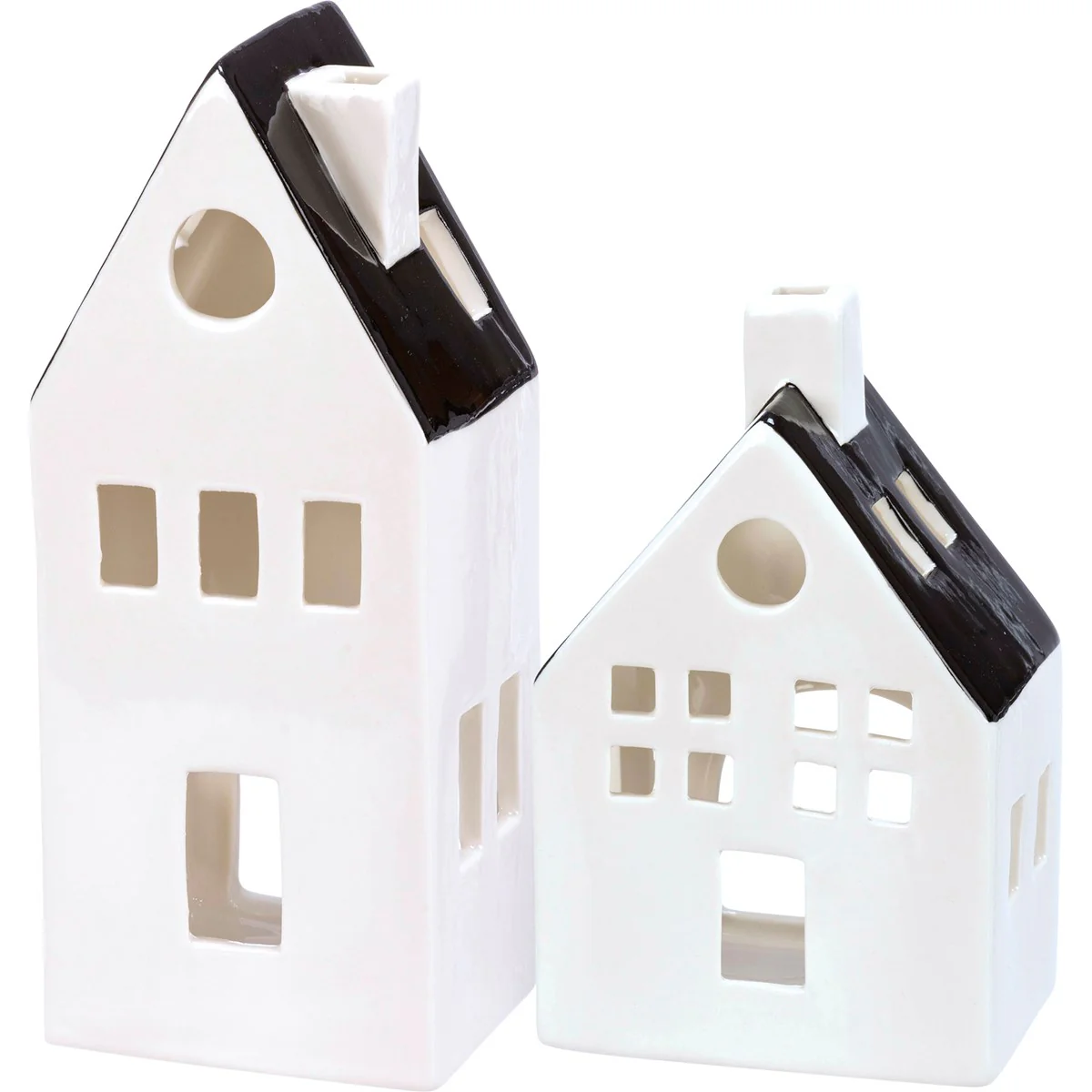 Set of 2 Black And White Houses Ceramic Tealight Holders