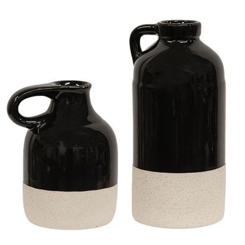 Set of 2 Black Glazed Ceramic Jug Vases