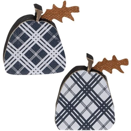 Set of 2 Black Plaid Wooden Cutout Pumpkins