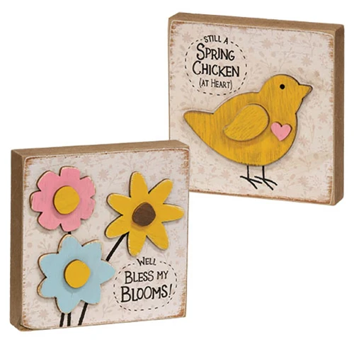 Set of 2 Bless My Blooms Flowers and Chick 4" Square Block Signs - Image 2