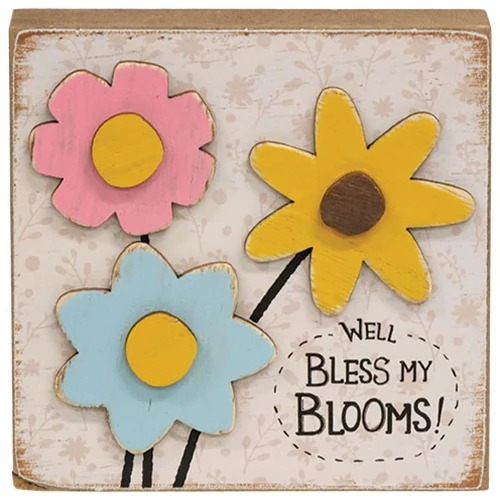 Set of 2 Bless My Blooms Flowers and Chick 4" Square Block Signs - Image 3