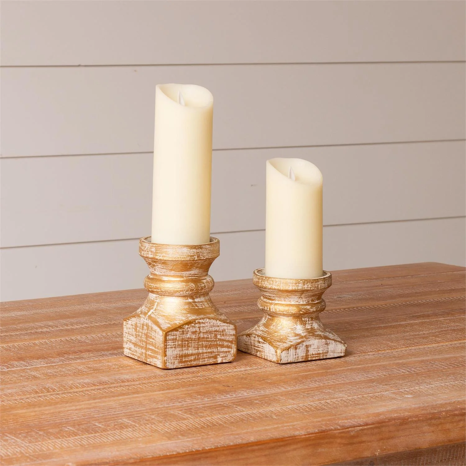 Set of 2 Brushed Gold Wood Pillar Candle Holders