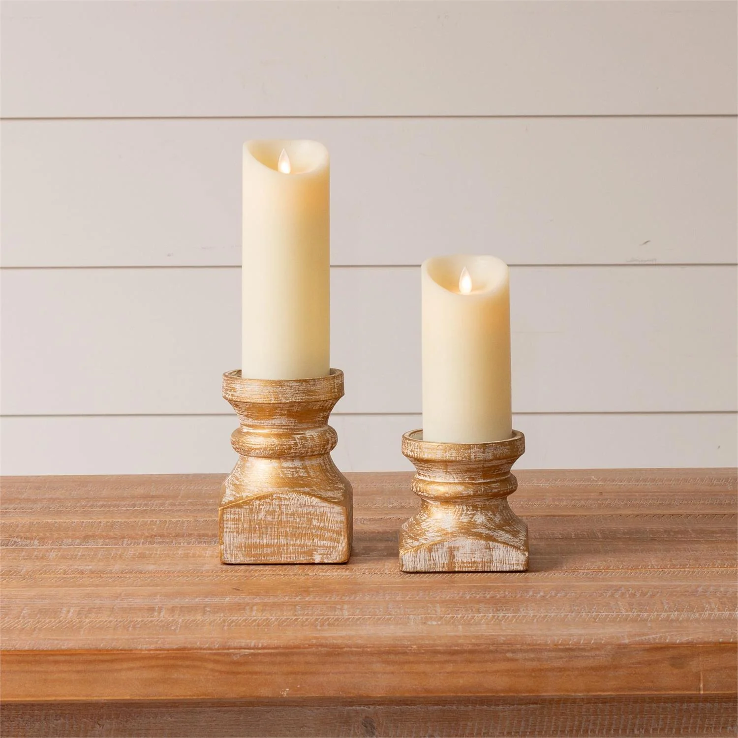 Set of 2 Brushed Gold Wood Pillar Candle Holders - Image 2