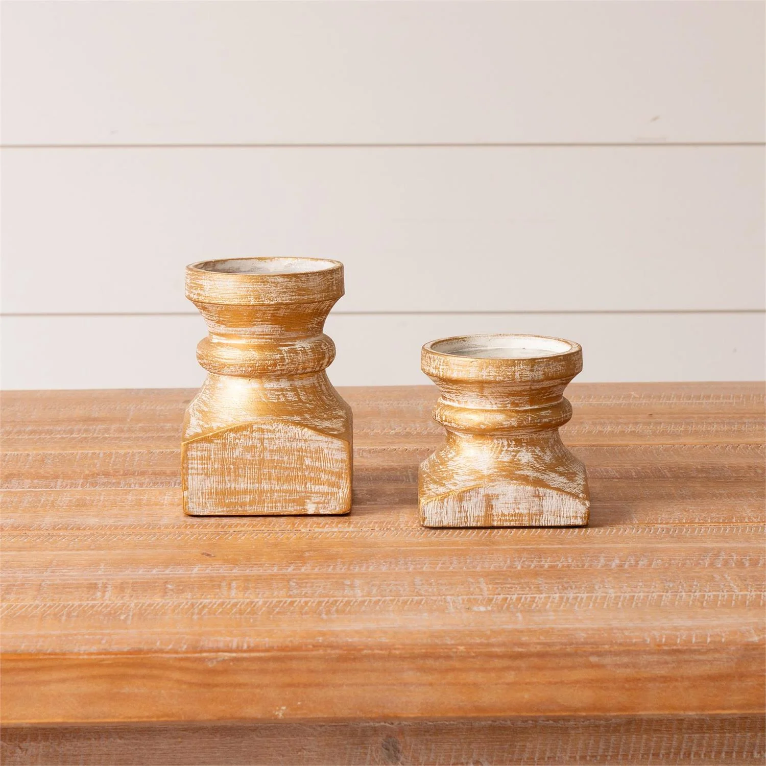 Set of 2 Brushed Gold Wood Pillar Candle Holders - Image 3