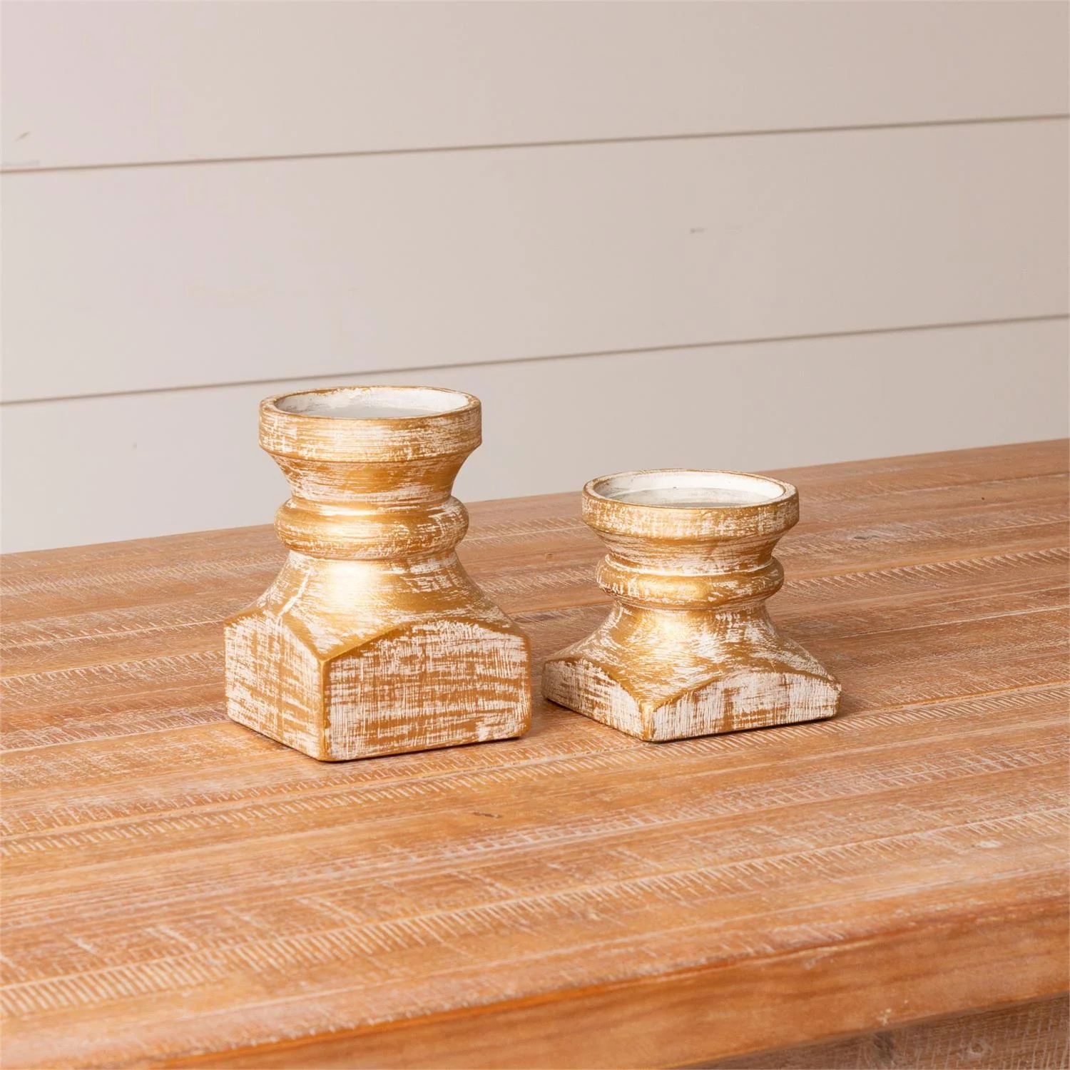 Set of 2 Brushed Gold Wood Pillar Candle Holders - Image 4