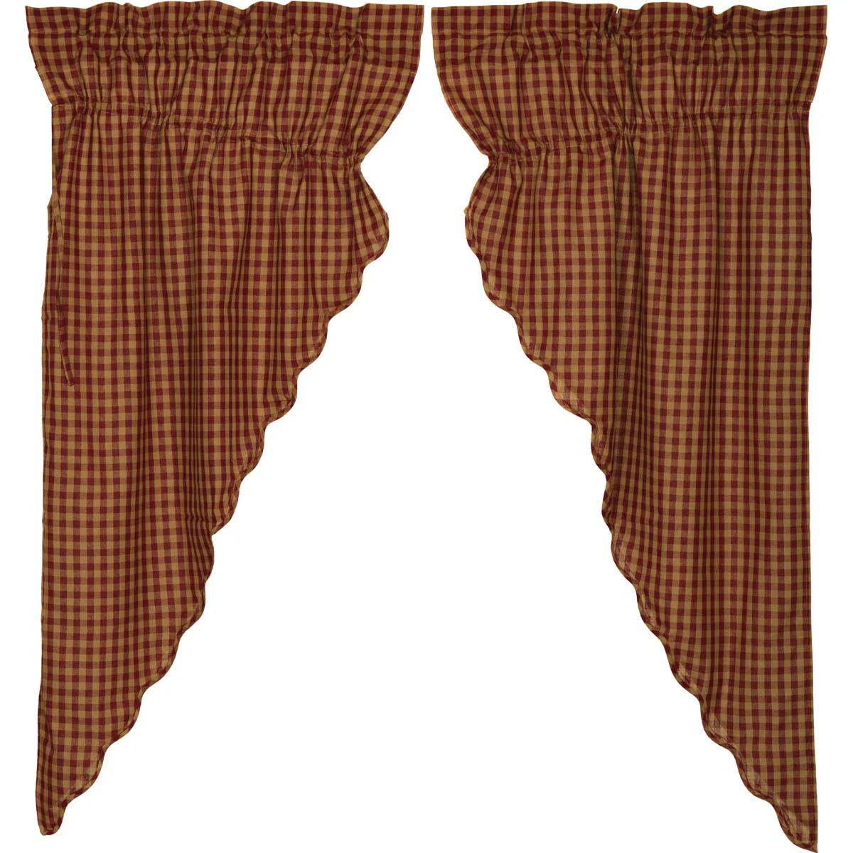 Set of 2 Burgundy Check Scalloped Prairie Short Panel Curtains - Image 2
