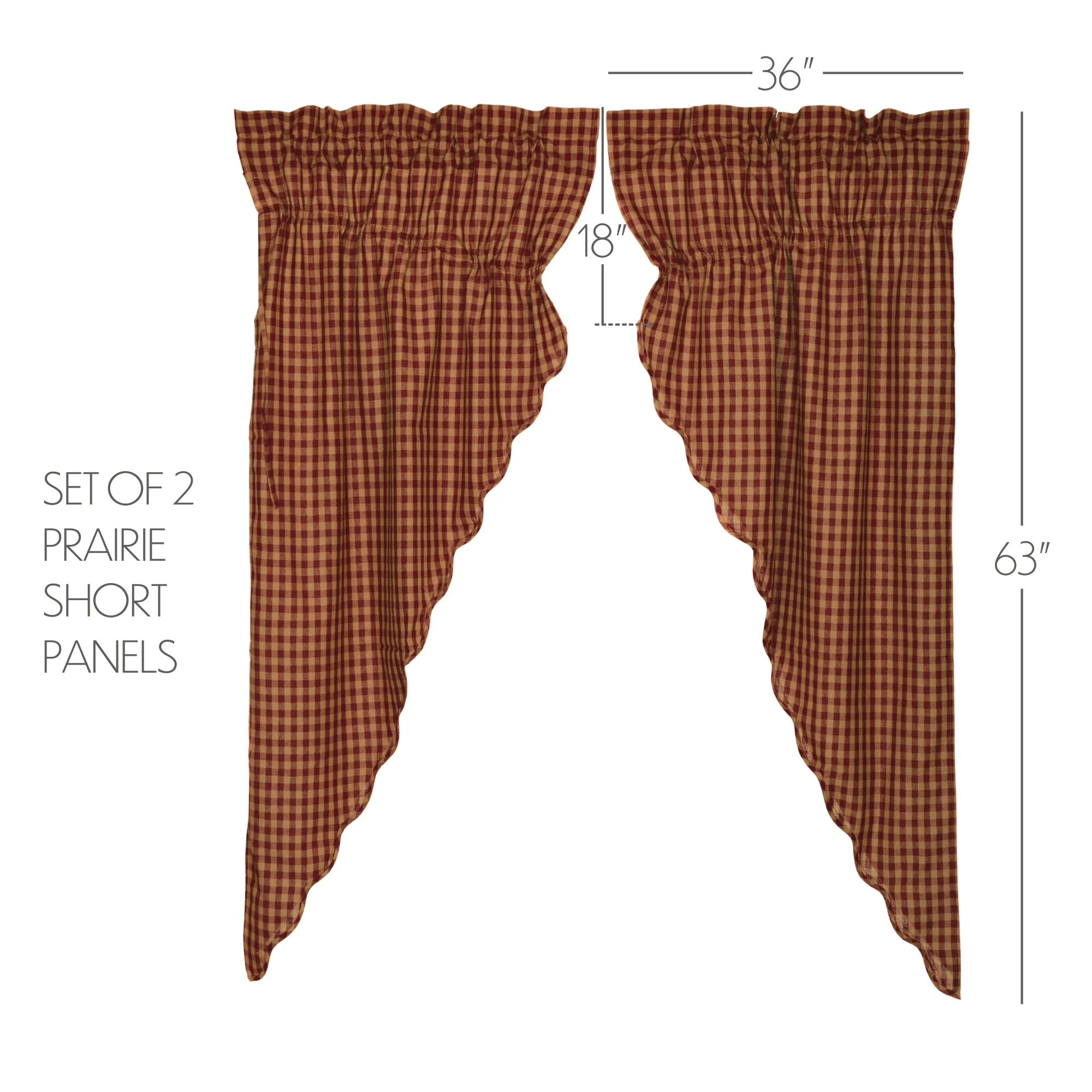 Set of 2 Burgundy Check Scalloped Prairie Short Panel Curtains - Image 3