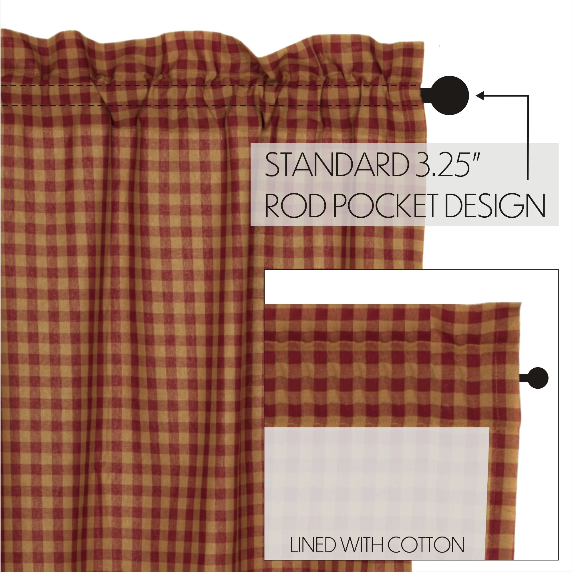 Set of 2 Burgundy Check Scalloped Prairie Short Panel Curtains - Image 4