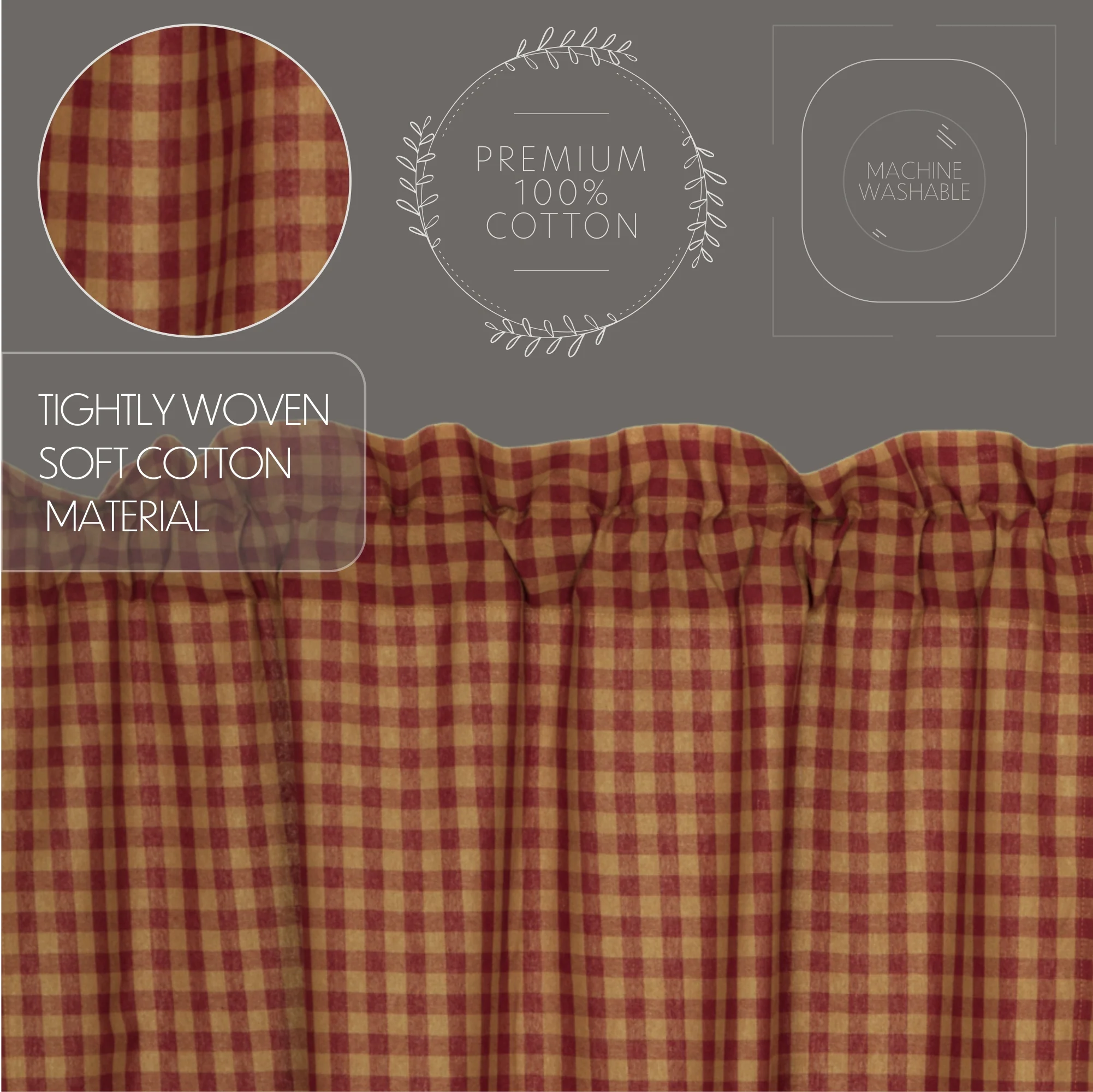 Set of 2 Burgundy Check Scalloped Prairie Short Panel Curtains - Image 5