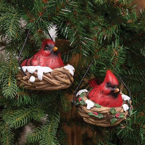 Set of 2 Cardinals In Nest Resin Ornaments