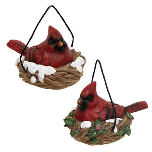 Set of 2 Cardinals In Nest Resin Ornaments - Image 2