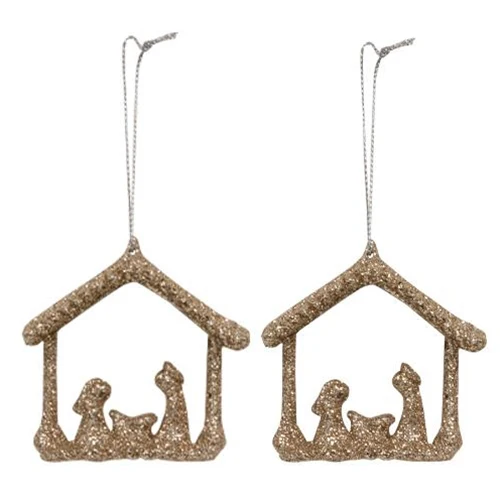 Set of 2 Champagne Glitter Nativity Ornaments