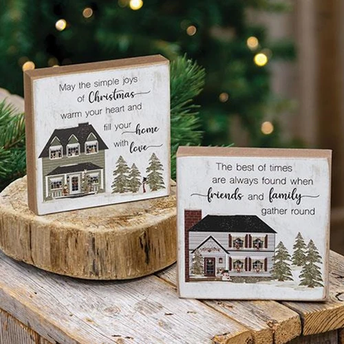 ๐ Set of 2 Christmas Joy of Family House Square 4" Small Block Signs