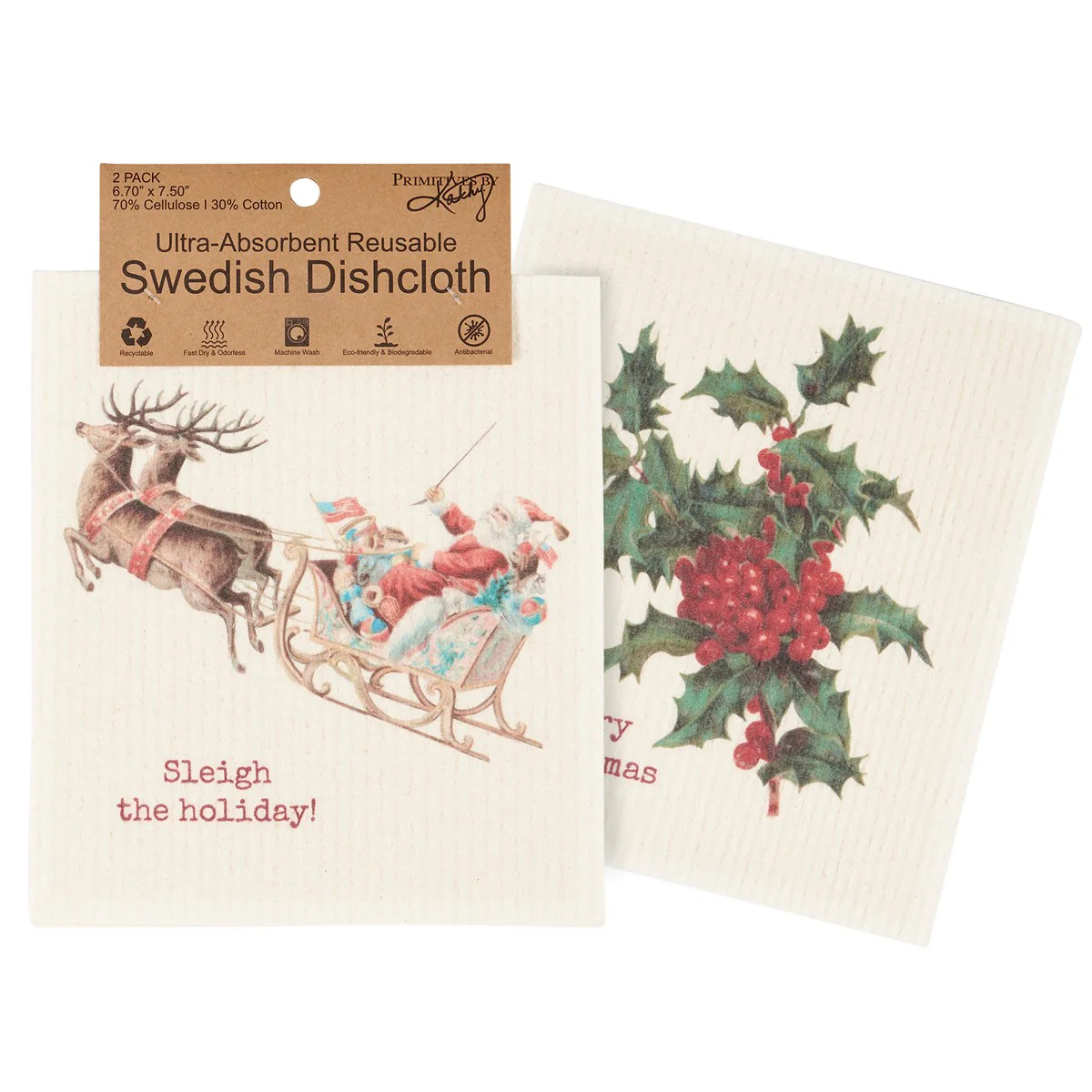 Set of 2 Christmas Santa and Holly Swedish Dishcloths