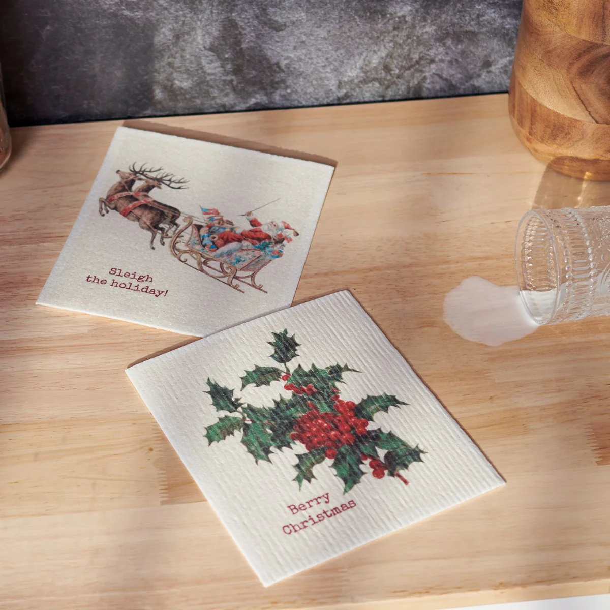 Set of 2 Christmas Santa and Holly Swedish Dishcloths - Image 2
