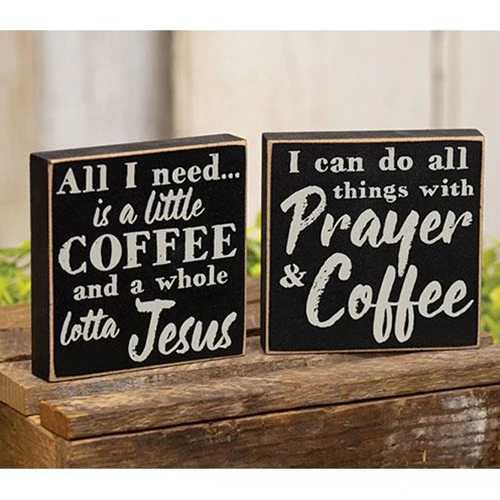 ๐ Set of 2 Coffee & Prayer 4" Square Wooden Block Signs